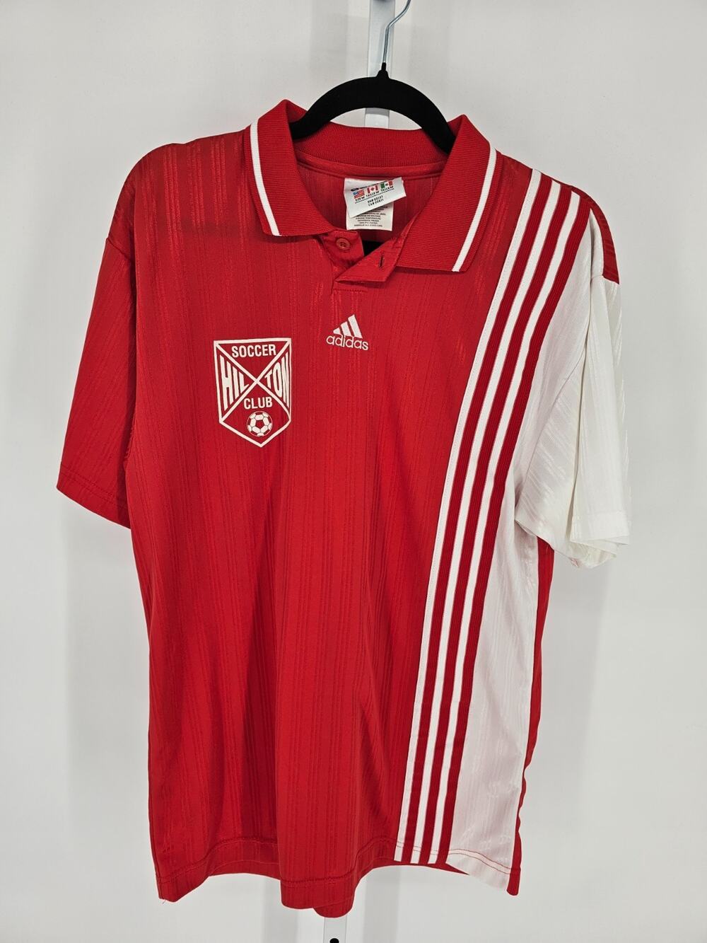 Vintage 1990s Adidas Mens Sz M Polo Style Soccer Jersey Red Hilton Futbol